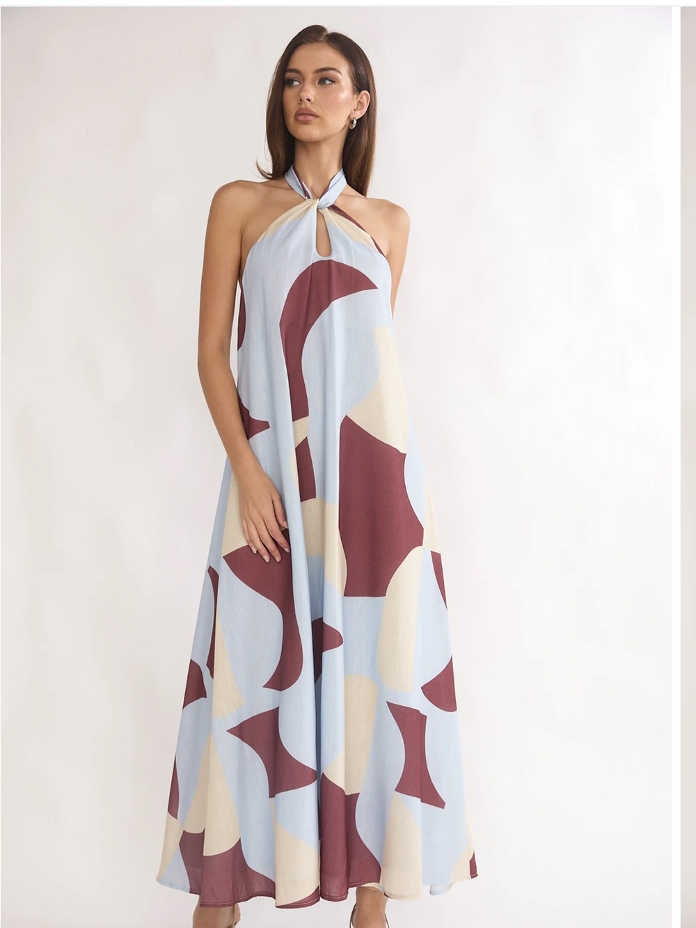 Selfie Leslie Halter Maxi Dress in Light Blue, Burgundy & Cream